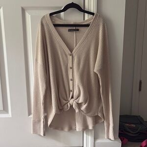 Abercrombie & Fitch Cream Cardigan with V-Neck and Tie Detail